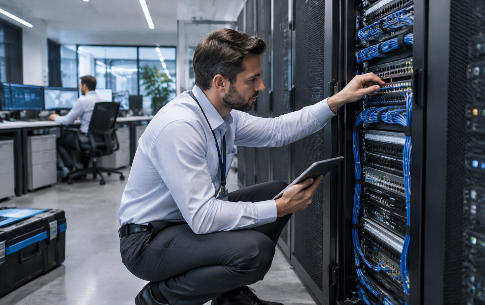 Técnico atuando presencialmente em infraestrutura corporativa